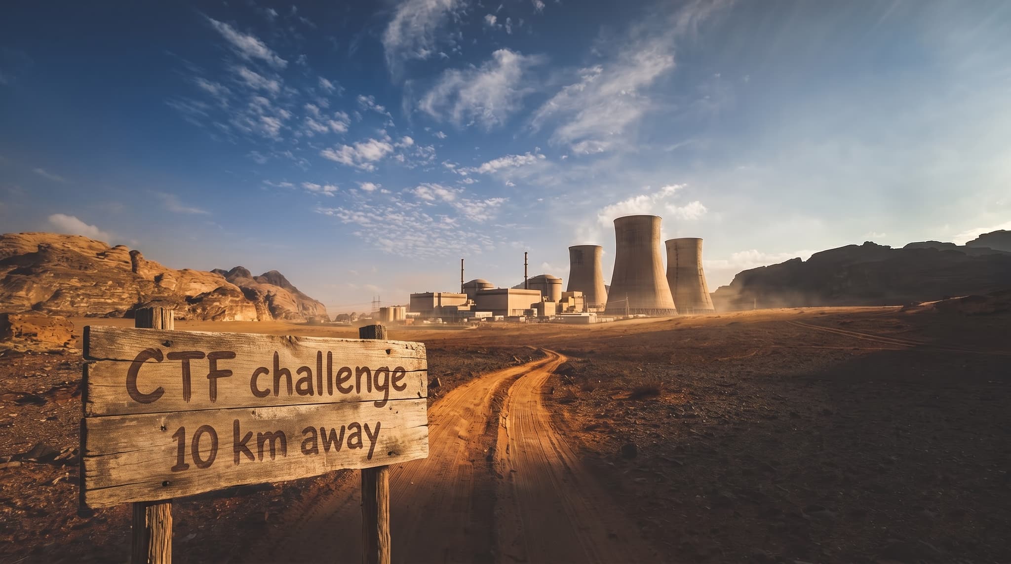 A desert nuclear plant with cooling towers on the horizon, a dirt track leading toward it, and a weathered wooden sign reading "CTF challenge 10 km away."